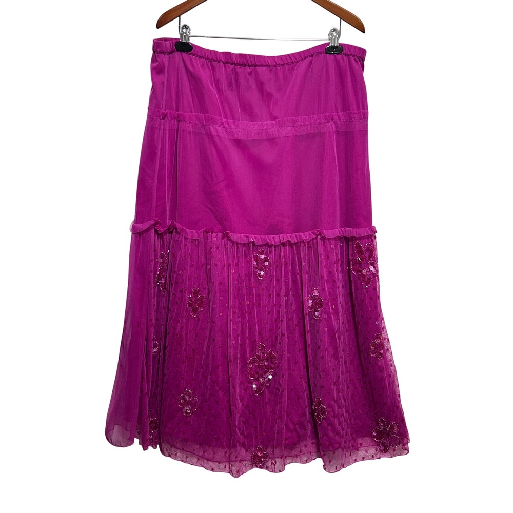 VTG Pink Sheer Beaded Sequin Boho Romantic Maxi Skirt 1X Tiered Fairygrunge Y2K